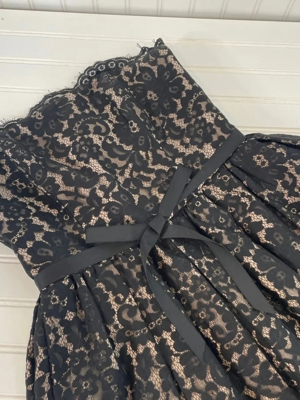 Strapless Black Lace Dress with Cream Lining and Satin Waist Bow Size 6